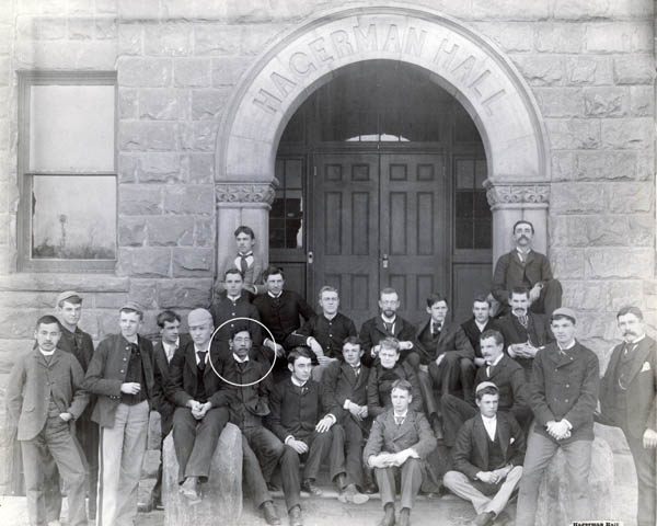 Students in front of Hagerman Hall (male dorm). Hirase is front row left; Nakashima is front row, fifth from left.